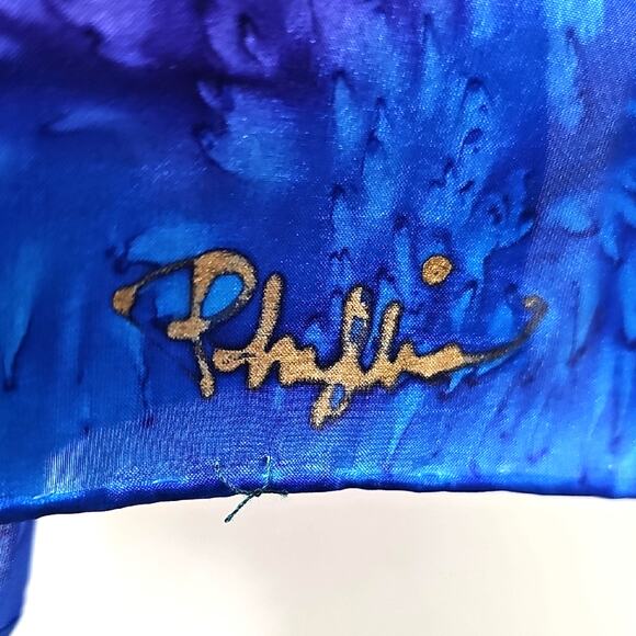 Signed Vibrant Blue Purple Gold White Silk Neck Scarf Gorgeous Floral Design - Picture 3 of 10